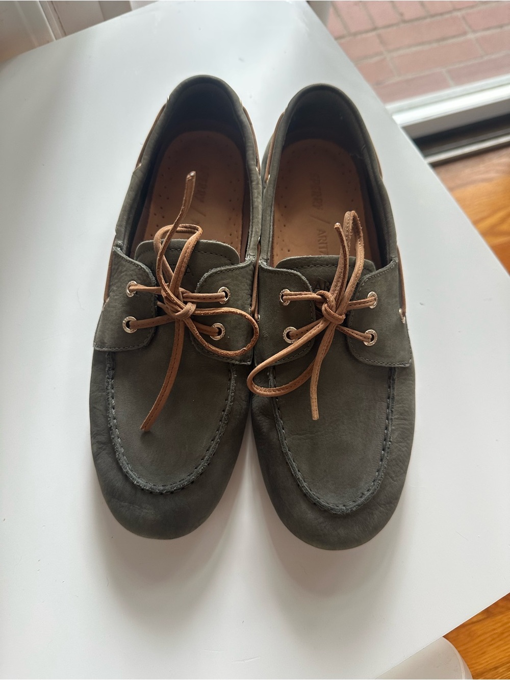Aritzia Olive Suede Boat Shoes with Tan Laces